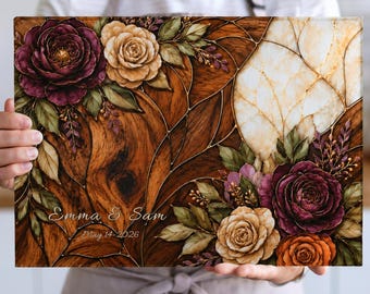 Custom Charcuterie Board Wedding Gift, Personalized Cutting Board, Faux Wood and Stained Glass Design