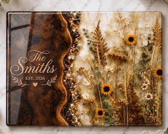 Personalized Charcuterie Board, Custom Glass Cutting Board, Wildflower Wedding Gift, Family Name Kitchen Decor, Housewarming Gift