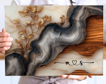 Personalized Glass Cutting Board, Faux Marble Wood Kitchen Decor, Custom Couple Initials Charcuterie Board