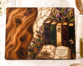 Book Cutting Board, Faux Stained Glass Bookshelf, Literary Kitchen Decor, Reader Gift