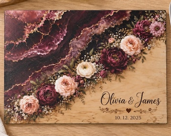 Custom Wedding Glass Cutting Board, Personalized Couple Names and Date, Burgundy Floral Charcuterie Board, Romantic Anniversary Gift Couple