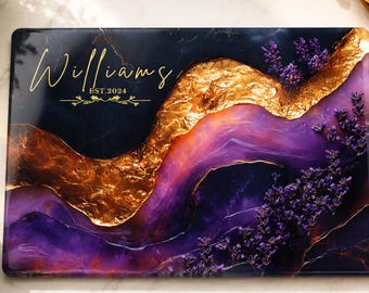 Personalized Glass Cutting Board, Custom Family Name Charcuterie Board, Purple Agate Marble Kitchen Decor, Wedding Gift, Housewarming Gift