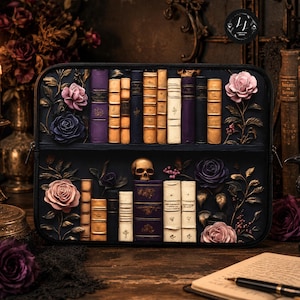 Gothic Library Laptop Sleeve: Skulls, Bookish Roses, Dark Academia Tech Bag Book Lover gift