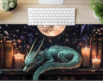 Green Bookish  Sleeping Dragon Desk Mat: Fantasy Gaming Mousepad Book lover gift