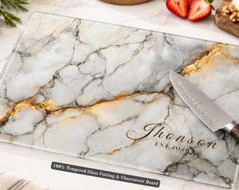 Personalized Marble Glass Cutting Board, Custom Family Name Charcuterie Board, Wedding Gift, Housewarming Gift, Anniversary Kitchen Decor