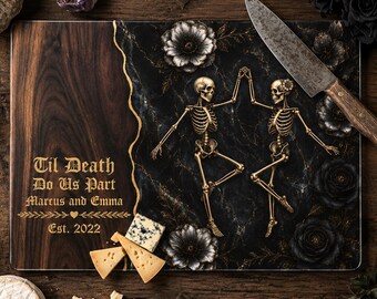 Personalized Halloween Glass Cutting Board, Gothic Skeleton Couple Serving Board, Dark Romance Wedding Gift, Custom Kitchen Decor