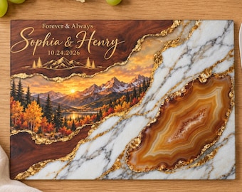 Personalized Mountain Wedding Cutting Board, Custom Couple Names, Fall Sunset Glass Charcuterie Board, Anniversary Gift