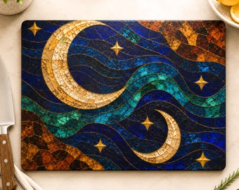 Celestial Charcuterie Board, Crescent Moon Glass Cutting Board, Night Sky Kitchen Decor, Witchy Housewarming Gift