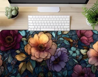 Wildflower Desk Mat, Dark  Botanical Floral Mousepad, Cottagecore Office Decor, Nature Desk Pad