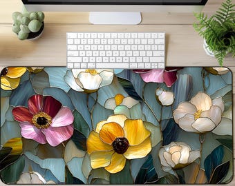 Wildflower Desk Mat, Faux Stained Glass Floral Keyboard Pad, Vintage Office Decor