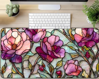 Tapis de bureau floral rose : cadeau pour amateur de livres, faux vitrail, fleurs sauvages