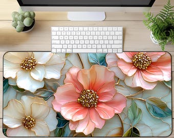 Floral Desk Mat, Stained Glass Style Mouse Pad, Pink Wildflower Office Decor