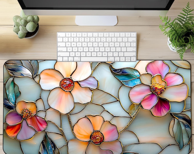 Wildflower Desk Mat Mousepad: Faux Stained Glass Floral Office Decor Gaming mousepad, Coworker Gift