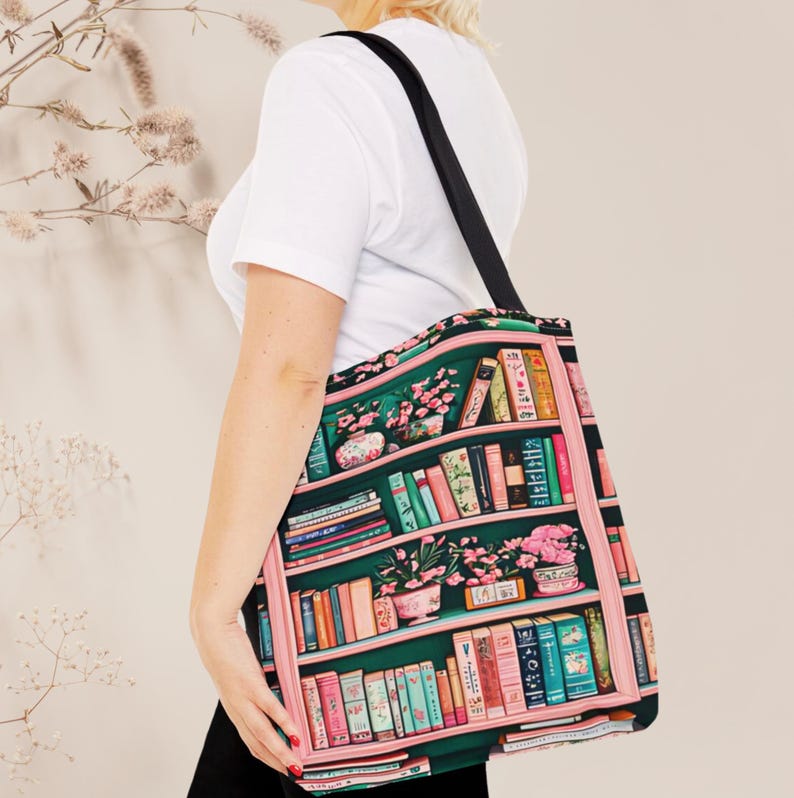 Bookish Tote Bag, Pink and green Canvas Tote for Book Lovers, Library Book Tote, Cute Gift for Readers, book club Gifts