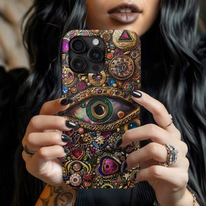 Evil Eye Charm Mosaic Phone Case, Collage Design with Realistic Gold and Purple Gem Effects for iPhone 16, 15, 14, 13 Pro Max, Galaxy, Pixel