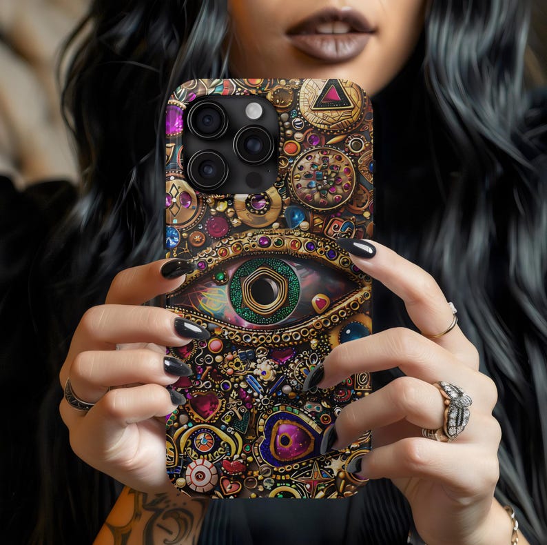 Evil Eye Charm Mosaic Phone Case, Collage Design with Realistic Gold and Purple Gem Effects for iPhone 16, 15, 14, 13 Pro Max, Galaxy, Pixel
