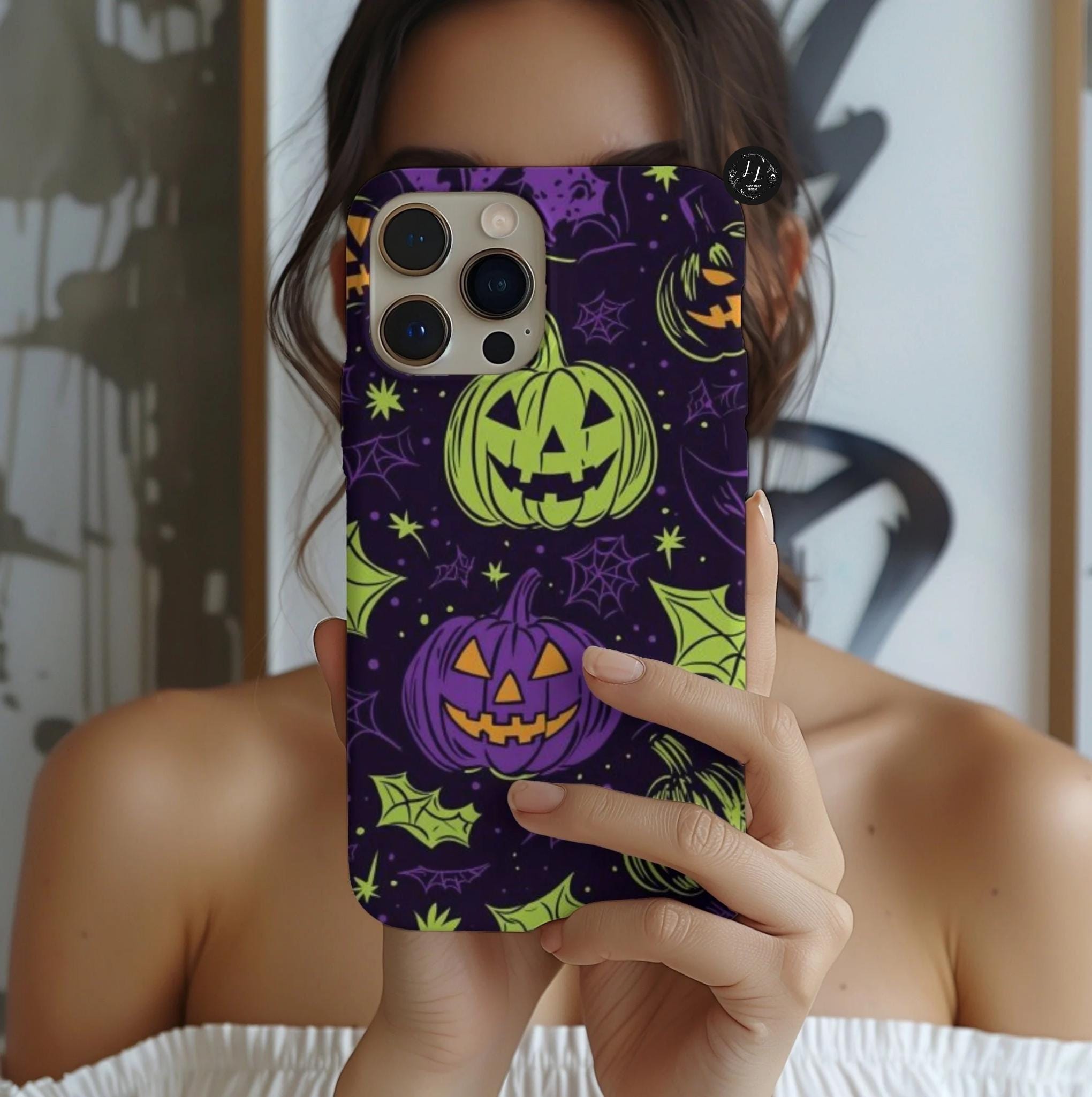 Neon Purple Halloween Phone Case: Pumpkin Collage Design
