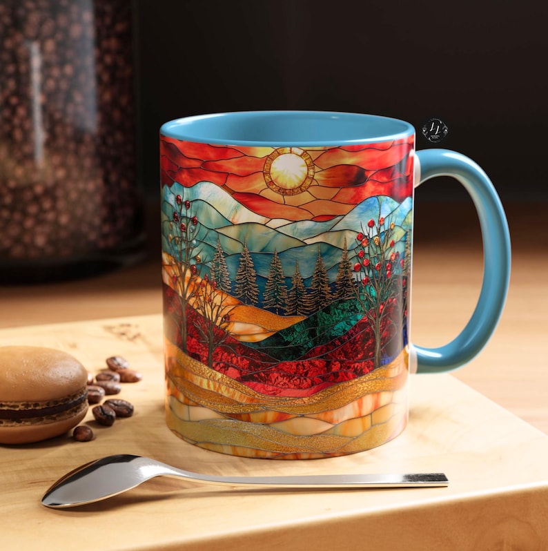 Christmas Mountain Mug Faux Stained Glass Sunset Landscape Ceramic Cup Winter Nature Scene with Trees Cozy Coffee or Tea Gift Idea