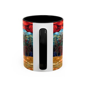 Christmas Mountain Mug Faux Stained Glass Sunset Landscape Ceramic Cup Winter Nature Scene with Trees Cozy Coffee or Tea Gift Idea