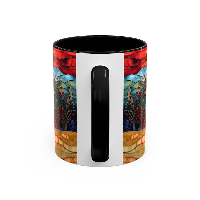 Christmas Mountain Mug Faux Stained Glass Sunset Landscape Ceramic Cup Winter Nature Scene with Trees Cozy Coffee or Tea Gift Idea