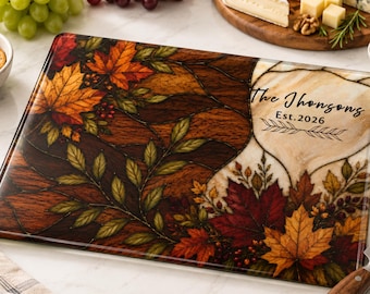 Personalized Cutting Board, Wedding Gift, Faux Wood Fall Leaves Glass Board, Custom Family Kitchen Decor, Anniversary Gift