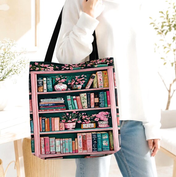 Bookish Tote Bag: Floral Pink & Green Bookshelf Canvas Tote Birthday gift