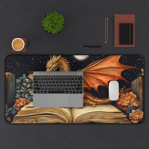 Bookish Dragon Desk Mat, Fantasy Lover Mouse Pad, Gamer Gift, Medieval Gaming Mousepad, Dark Academia Office Decor, Large Desk Accessory