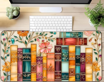 Floral Books Desk Mat, Faux Stained Glass Mousepad, Book Lover Gift