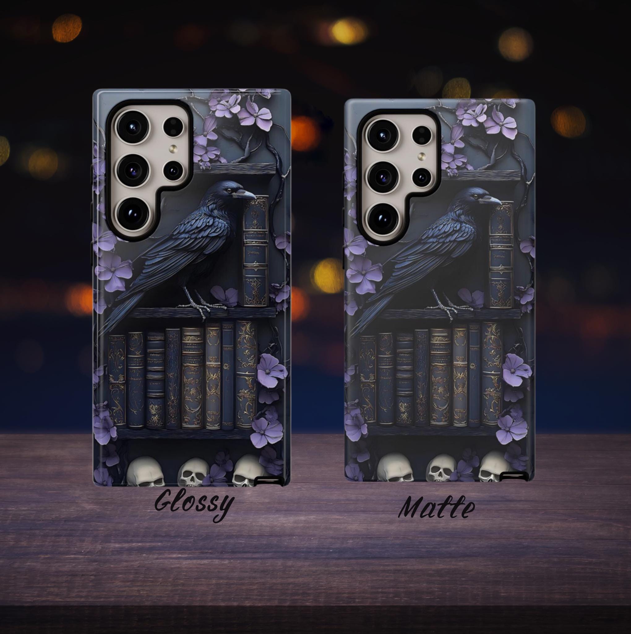 Purple Gothic Raven Bookshelf Phone Case, Gift for Book Lovers, Library Dark Academia Aesthetic, iPhone 16 15, GalaxyS25, Pixel 9 Pro Case