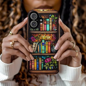 Faux Stained Glass Bookshelf Phone Case, Librarian Gift Idea, Reading Theme Cover for Book Lovers, iPhone 16 15 14 Pro, Pixel 9 Pro, Galaxy.