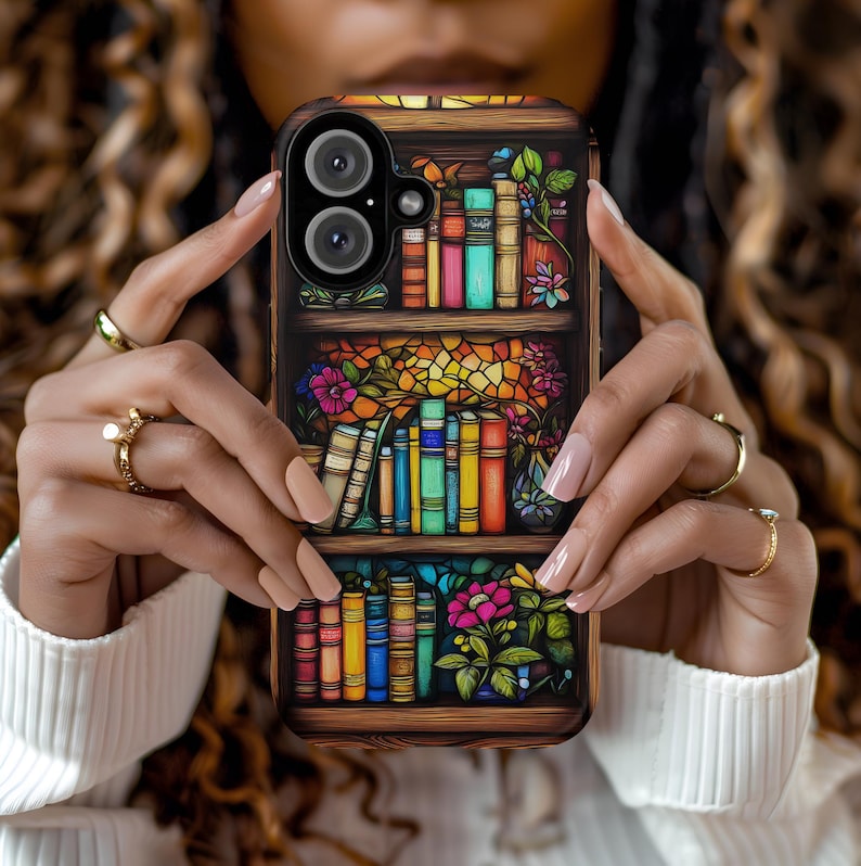 Faux Stained Glass Bookshelf Phone Case, Librarian Gift Idea, Reading Theme Cover for Book Lovers, iPhone 16 15 14 Pro, Pixel 9 Pro, Galaxy.
