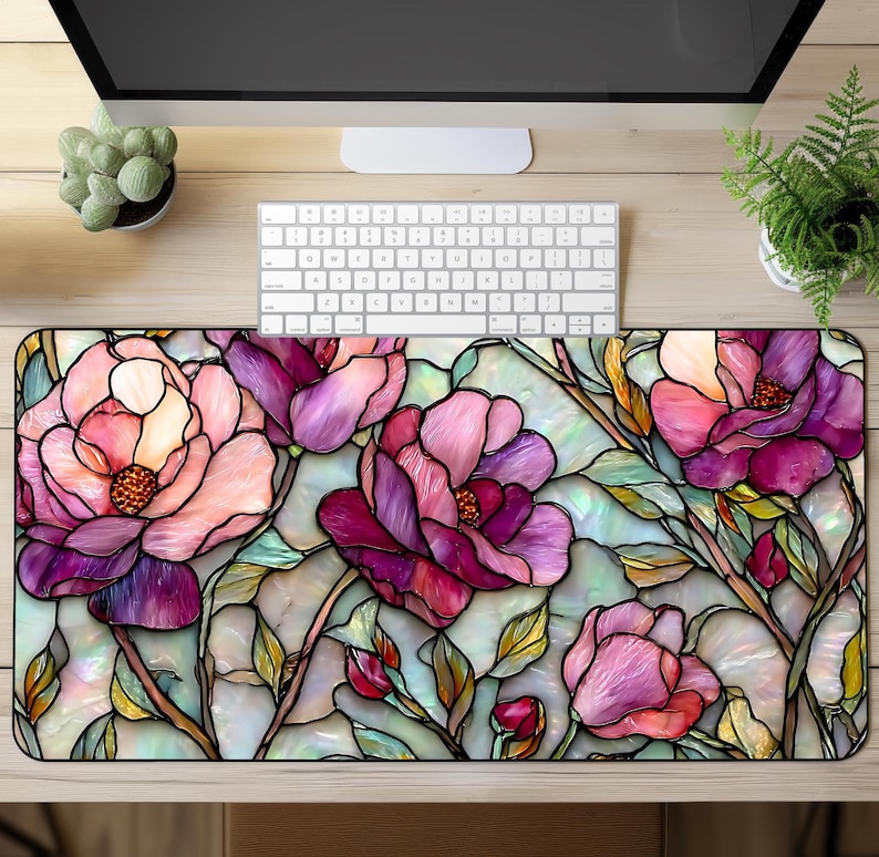 Pink Floral Desk Mat: Faux Stained Glass Wildflower Keyboard Pad Book ...