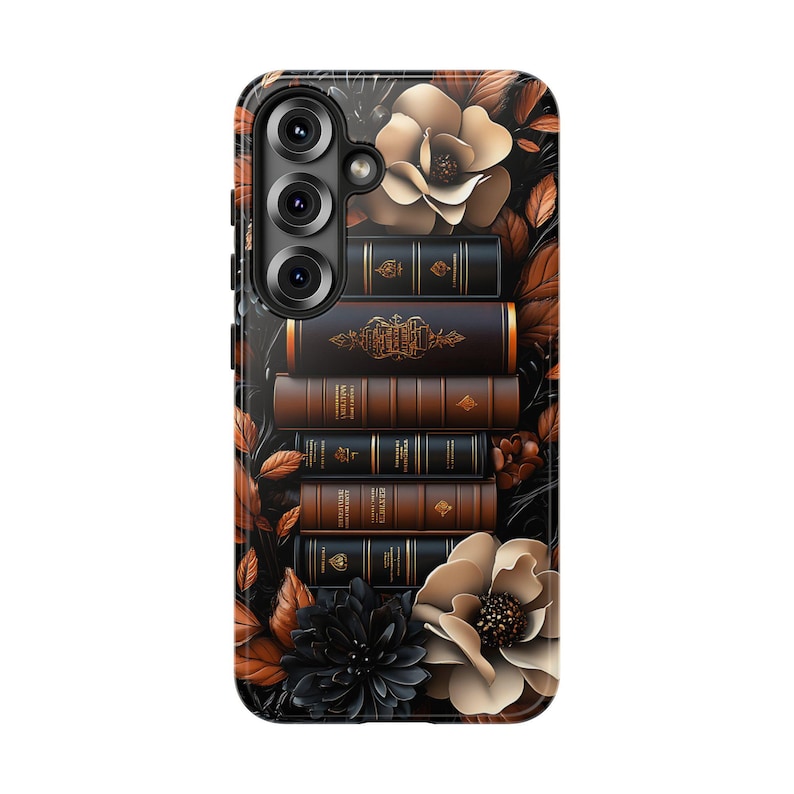 Brown Floral Bookshelf Phone Case, 3D looks Bookish Flower Aesthetic, Unique iPhone 16 15 14 13 12, Galaxy, Pixel Case, Cute Book Lover Gift