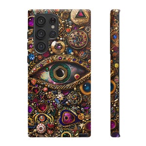 Evil Eye Charm Mosaic Phone Case, Collage Design with Realistic Gold and Purple Gem Effects for iPhone 16, 15, 14, 13 Pro Max, Galaxy, Pixel