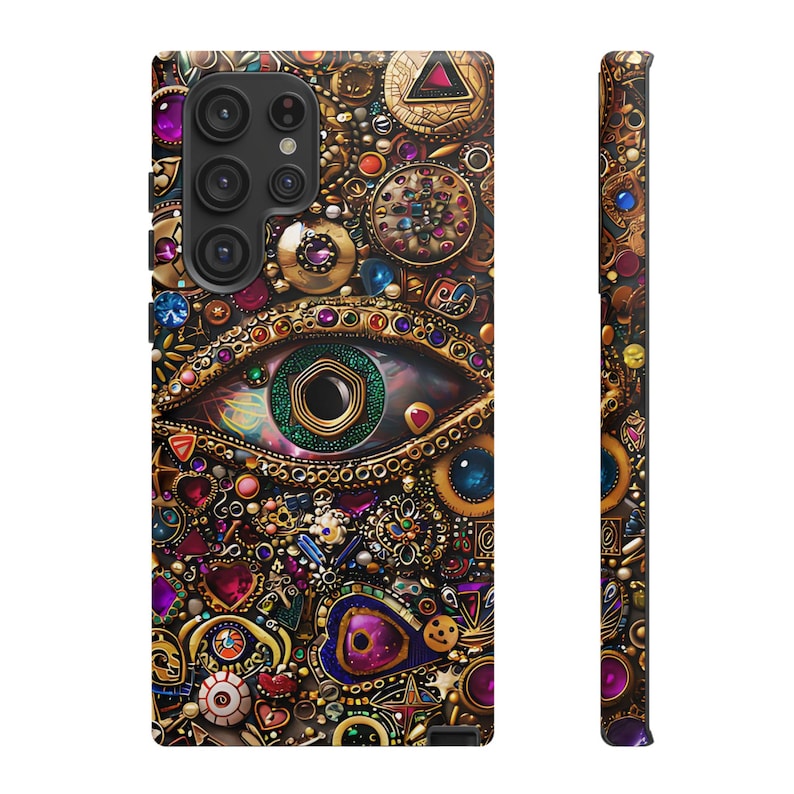 Evil Eye Charm Mosaic Phone Case, Collage Design with Realistic Gold and Purple Gem Effects for iPhone 16, 15, 14, 13 Pro Max, Galaxy, Pixel