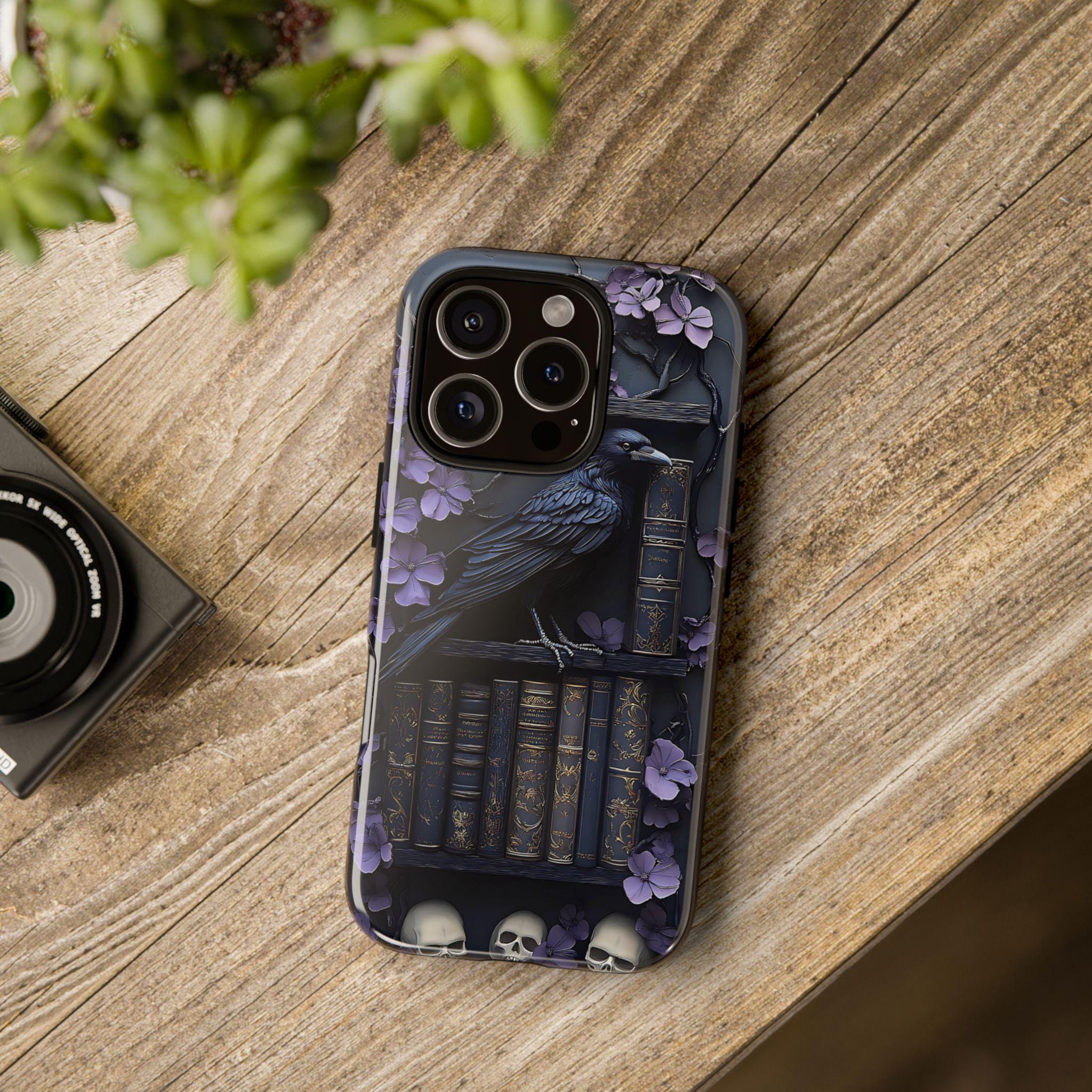 Purple Gothic Raven Bookshelf Phone Case, Gift for Book Lovers, Library Dark Academia Aesthetic, iPhone 16 15, GalaxyS25, Pixel 9 Pro Case