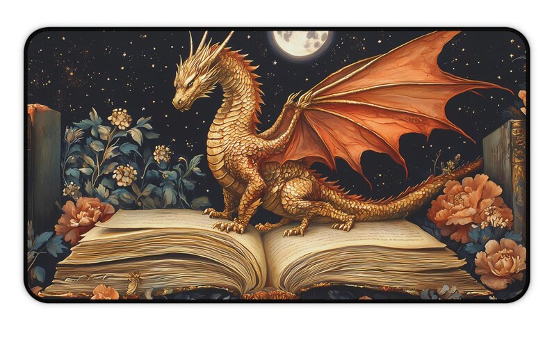 Bookish Dragon Desk Mat, Fantasy Lover Mouse Pad, Gamer Gift, Medieval Gaming Mousepad, Dark Academia Office Decor, Large Desk Accessory