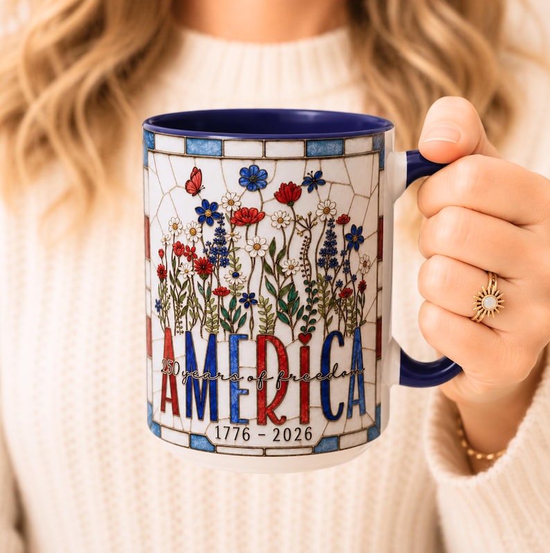 America 250 Faux Stained Glass Mug, Wildflower Coffee Mug, Floral Patriotic Cup, Independence Day Gift