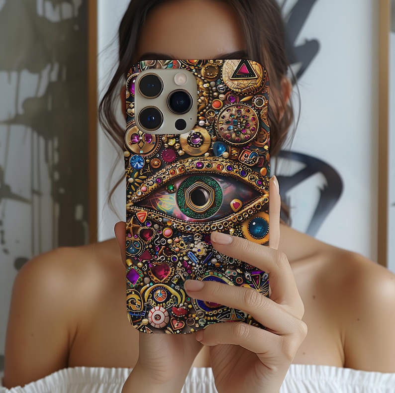 Evil Eye Charm Mosaic Phone Case, Collage Design with Realistic Gold and Purple Gem Effects for iPhone 16, 15, 14, 13 Pro Max, Galaxy, Pixel