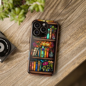 Faux Stained Glass Bookshelf Phone Case, Librarian Gift Idea, Reading Theme Cover for Book Lovers, iPhone 16 15 14 Pro, Pixel 9 Pro, Galaxy.
