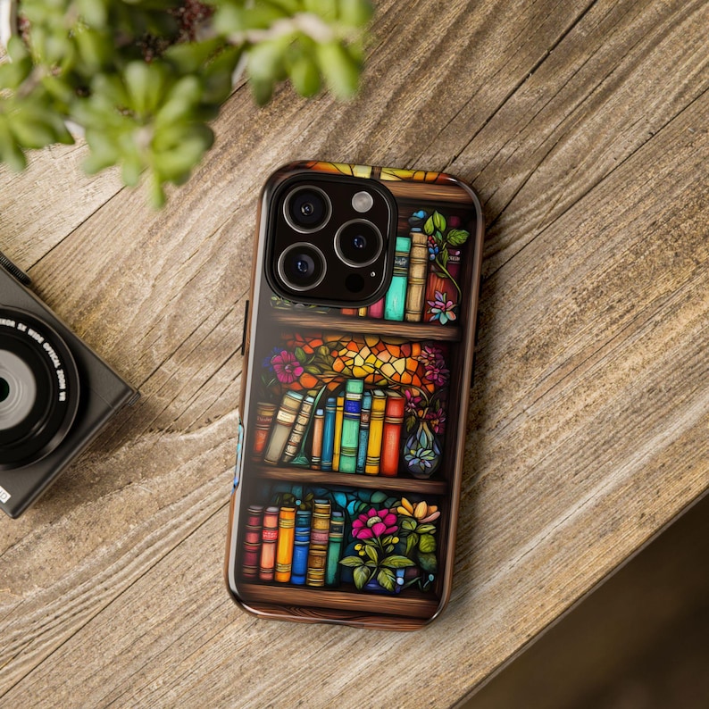 Faux Stained Glass Bookshelf Phone Case, Librarian Gift Idea, Reading Theme Cover for Book Lovers, iPhone 16 15 14 Pro, Pixel 9 Pro, Galaxy.