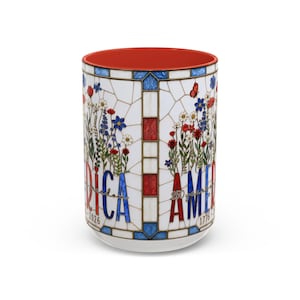 America 250 Faux Stained Glass Mug, Wildflower Coffee Mug, Floral Patriotic Cup, Independence Day Gift