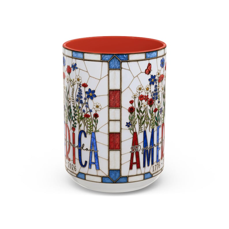America 250 Faux Stained Glass Mug, Wildflower Coffee Mug, Floral Patriotic Cup, Independence Day Gift
