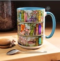 Floral Bookshelf Coffee Mug: Bookish Faux Stained-Glass Ceramic Mug Cook Lover gift