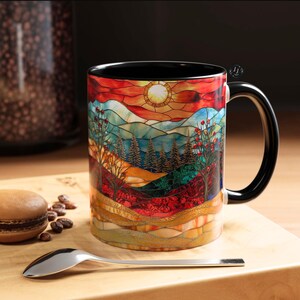 Christmas Mountain Mug Faux Stained Glass Sunset Landscape Ceramic Cup Winter Nature Scene with Trees Cozy Coffee or Tea Gift Idea