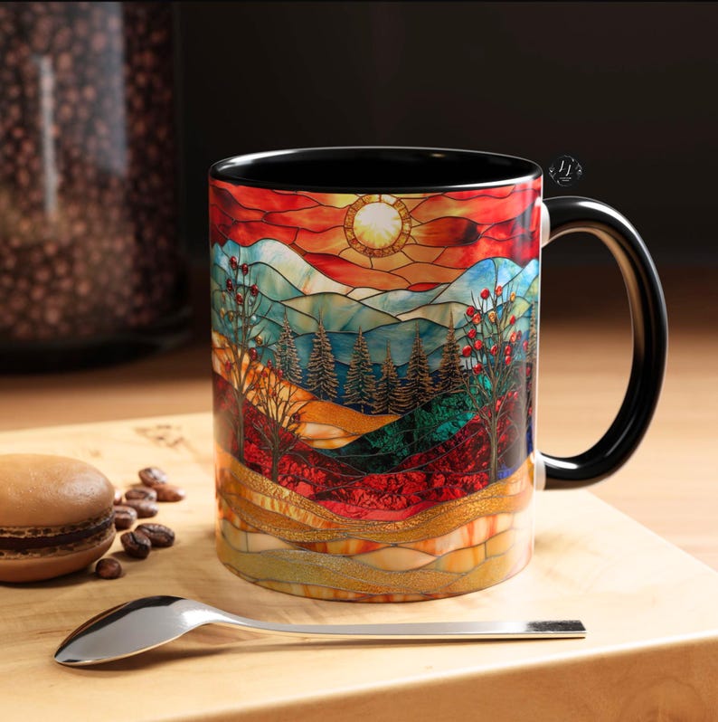 Christmas Mountain Mug Faux Stained Glass Sunset Landscape Ceramic Cup Winter Nature Scene with Trees Cozy Coffee or Tea Gift Idea