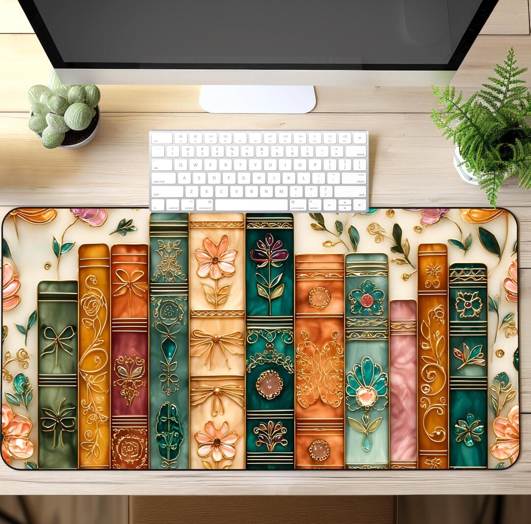 Floral Books Desk Mat, Stained Glass Mousepad, Book Lover Gift Office ...