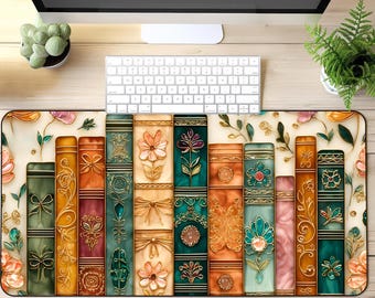 Floral Books Desk Mat, Stained Glass Mousepad, Book Lover Gift Office Decor,