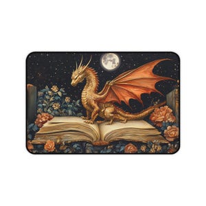 Bookish Dragon Desk Mat, Fantasy Lover Mouse Pad, Gamer Gift, Medieval Gaming Mousepad, Dark Academia Office Decor, Large Desk Accessory