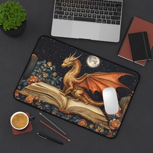 Bookish Dragon Desk Mat, Fantasy Lover Mouse Pad, Gamer Gift, Medieval Gaming Mousepad, Dark Academia Office Decor, Large Desk Accessory